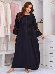 KISS ME ANGEL Pyjamas grande taille 1XL-4XL, chemise de nuit à manches longues avec col bébé, dentelle élégante, vêtements de nuit noirs pour femmes - Product Image 3