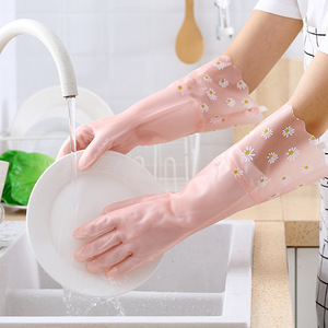 Women's Dishwashing Gloves Thickened <b>Rubber</b> Latex Waterproof With Fleece Lining For Housework Flower Pattern 10 Inch - Product Image 1