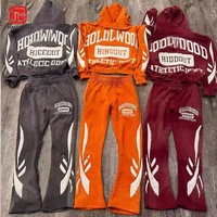 Ensembles Personnalisés Survêtements à Capuche et Pantalons de Jogging Aspect Délavé à l'Acide en Coton Épais à Fermeture Éclair avec Broderie Écusson Coupe Évasée Complets pour Hommes