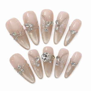 Faux ongles autocollants Champagne effet œil de chat, papillon en strass, couvrance totale, brillants, 10 pièces pour doigts - Product Image 2