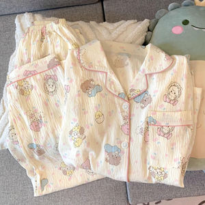 กางเกงขายาวผ้าฝ้ายแขนยาวสวมใส่สบายคอปกแบบพรีเมียมสามารถสวมใส่ได้เสื้อคาร์ดิแกนชุดนอนของผู้หญิงชุดอยู่บ้าน - Product Image 4