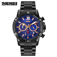 SKMEI 9235 haute qualité élégant hommes montre à Quartz authentique bande en acier inoxydable 3 cadrans chronographe calendrier décontracté montre à main