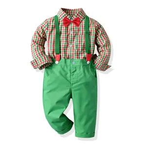 Children Long Sleeve Green Striped Shirt Tops Pants Boys Christmas Clothing Sets