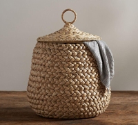 Panier à linge en paille tressée en acier inoxydable, élégant, unique et très vendu, pour le rangement, fabriqué en herbe de mer naturelle