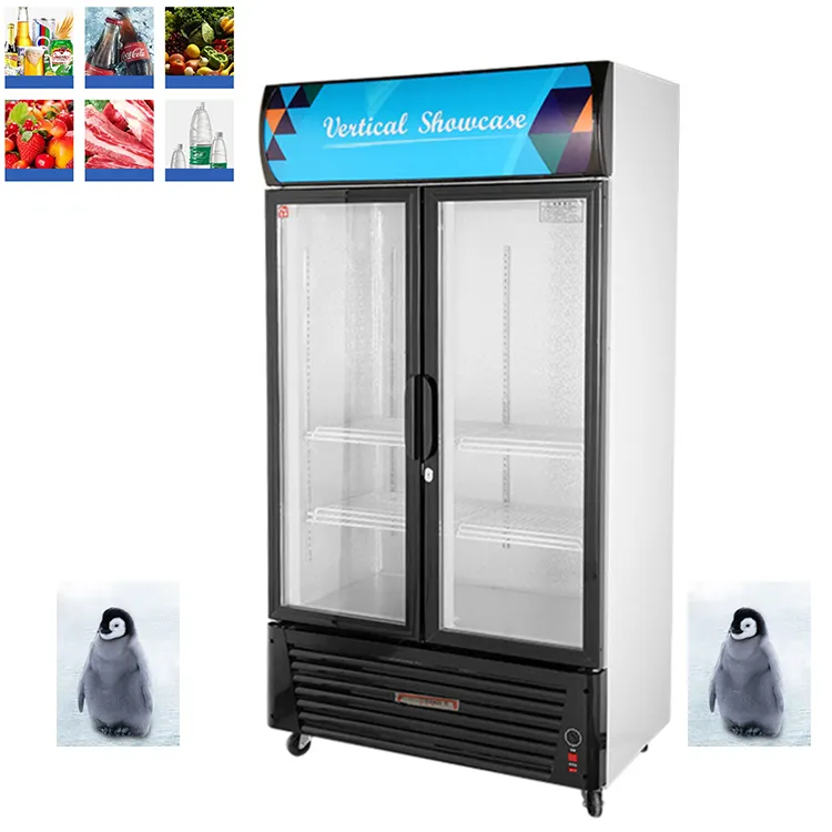 Lemari es pintu kaca ganda komersial/kulkas Display minuman dingin/peralatan pendinginan komersial vertikal
