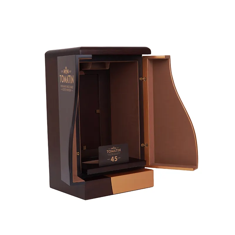 Caja de whisky de madera maciza de lujo de último diseño, caja de regalo de vino de doble puerta, caja de almacenamiento, caja de embalaje de regalo de vino de madera
