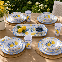Service de table en mélamine de luxe motif citronnier, assiettes, bols et gobelets en plastique incassable et écologique pour pique-nique en extérieur