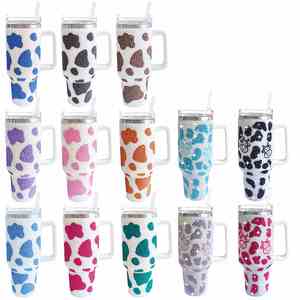 Vaso Térmico de Viaje de Lujo de Acero Inoxidable con Diseño de Vaca, 40 oz, con Asa, Tapa y Diamantes de Imitación, 25 Colores - Product Image 1