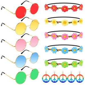 Conjunto de accesorios para fiesta hippie con diademas de flores, gafas de sol coloridas y collares con el signo de la paz para decoraciones de fiestas de disfraces. - Product Image 1