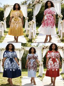 Nouvelle arrivée, <span class=keywords><strong>robe</strong></span> maxi élégante à manches courtes imprimées, style Miyake, mode modeste, ceinture à boutons, <span class=keywords><strong>taille</strong></span> <span class=keywords><strong>plus</strong></span>, col en V, avec plis - Product Image 6
