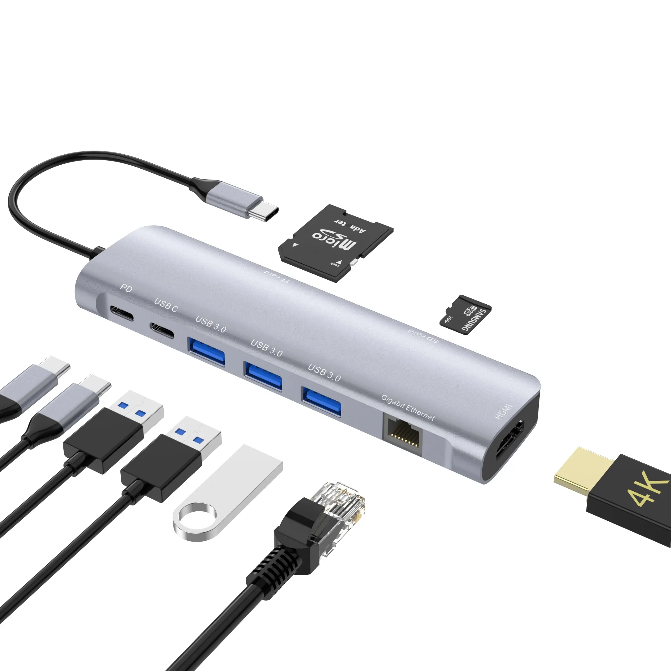 9 in 1 USB C HUB มัลติฟังก์ชั่นสถานีเชื่อมต่อ USB Type-C SD TF Hub USB 3.0 RJ45 PD 100W OEM ODM ประเภท C hub