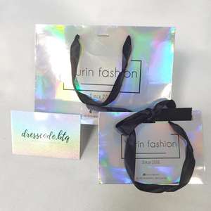 Sacs shopping en papier holographique irisé personnalisés avec poignées en ruban noir - Emballage de marque pour la mode - Product Image 6
