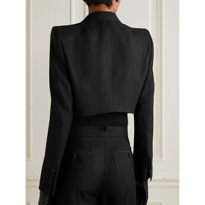 Mode Femmes Laine Long Bouton Pur Noir Petite <span class=keywords><strong>Veste</strong></span> De Costume avec Broderie Motif Floral Style Minimaliste - Product Image 3