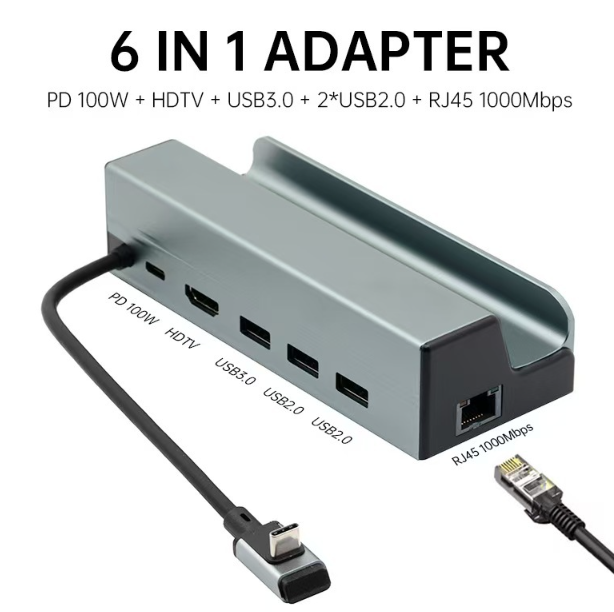 Steam Deck Dock 6 in 1 Steam Deck Rog Ally Docking Station Stand 3*USB 3.0 HDTV 4K60Hz Gigabit Ethernet PD 100W Hub