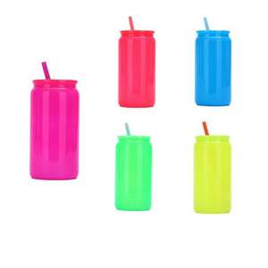 Ready Stock 16Oz Iridescent Frosted <b>Clear</b> Colored Jelly 16 Oz Plastic Beer Can Cup <b>With</b> <b>Lid</b> and Straw - Product Image 1