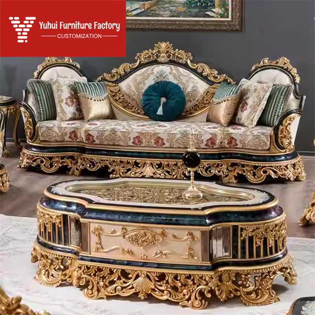 European-style Solid Wood Carved Sofa and Coffee Table Set, Large Apartment French Luxurious Living Room Furniture, Villa Sofa