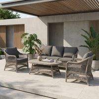 Ensemble de salon de jardin moderne en rotin 4 pièces avec structure en aluminium thermolaqué, tressage double en PE et table en verre trempé
