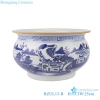RZUL13-A-B-C Planteur en céramique antique bleu et blanc à motif de paysage, licorne et dragon, brûleur d'encens