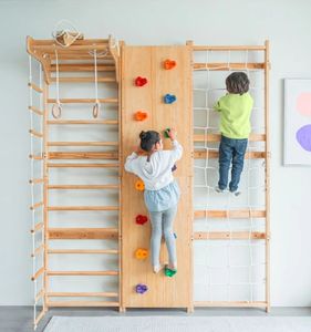 Tobogán de madera Muro de escalada en roca-para dormitorio y uso escolar Gimnasio sueco 5 en 1 para niños con <span class=keywords><strong>escalera</strong></span> de cuerda oscilante para interiores - Product Image 1