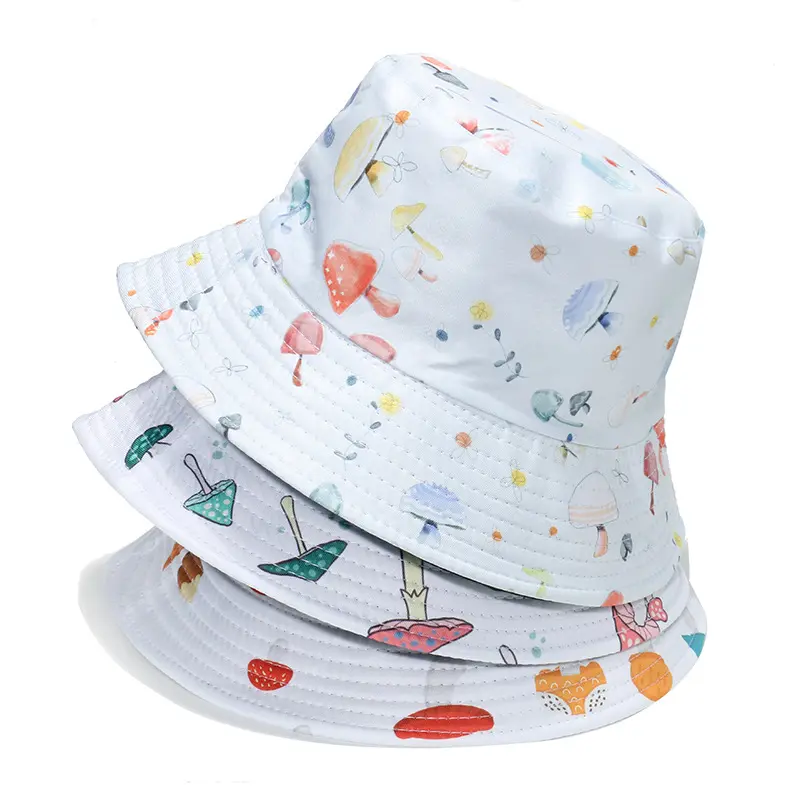 2022 Female Spring and Summer Outdoor Fisherman Hat Women Sun Bucket Hats Student White Cute Colorful Mushroom Print Hat