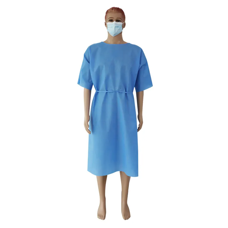 Junlong سترة عازلة للاستخدام مرة واحدة فقط مع قصيرة الأكمام SMS 35gsm 40gsm ملابس المرضى 100 قطعة الكرتون ل المريض في المستشفى