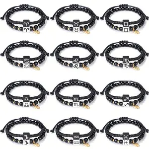 Pulseiras zodiac feitas à mão, braceletes preto frisado, tecido ajustável, 12 horóscopo, joias para presentes para homens, mulheres e casais