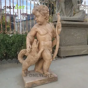 大理石雕刻裸体小男孩花园雕像与狗