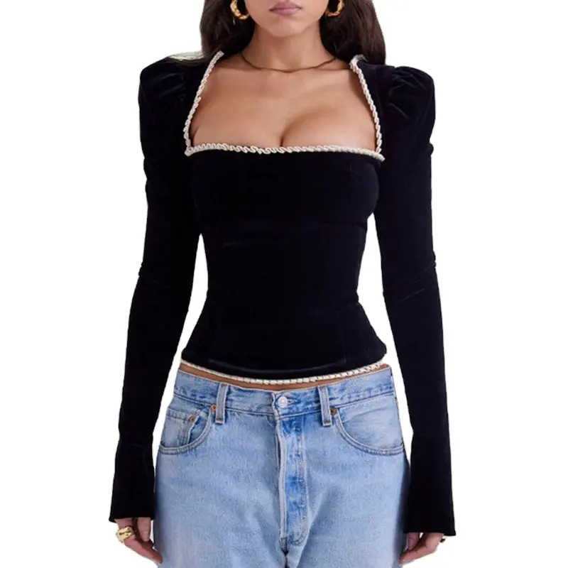 RNSHANGER Vintage siyah kadife bluz üst kare boyun uzun kollu kırpılmış bluzlar kadınlar için moda Backless zarif gömlek