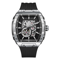Montre mécanique automatique pour homme PINDU de haute qualité, couleur argent-noir, cadran 3D, résistante à l'eau, forme tonneau creuse