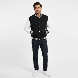 FINER THREADS Customizable Winter Baseball <b>Jacket</b> Varsity Style Wool Fabric Stand Chenille Embroidery Patch Logo Black <b>White</b> <b>Men</b> - Product Image 1