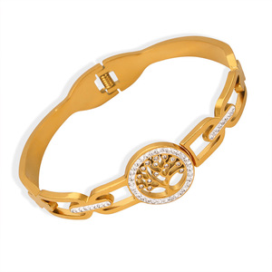 <span class=keywords><strong>Bracelet</strong></span> manchette minimaliste en acier inoxydable plaqué <span class=keywords><strong>or</strong></span> 18 carats avec motif Arbre de Vie et zircons cubiques - Product Image 6