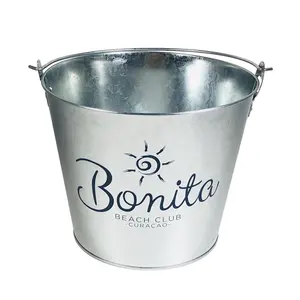 Metal Bucket Restaurant Custom Logo Printing Metal 5L Round Galvanized Tin Ice Bucket With 1 Bottle Opener
