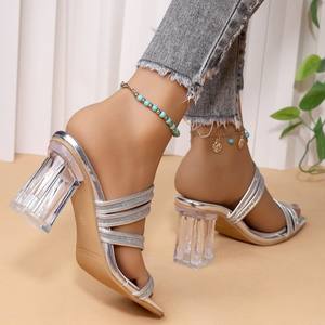 Chaussures de mariage sexy pour femme été 2026, sandales compensées à talon haut transparentes à bout carré et fermeture à enfiler ornées de cristaux - Product Image 4