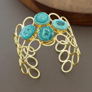 Multicolor Polished Brass Druzy Stone <b>Gold</b> Circle Cuff Bracelet with Real Touch Finish <b>Antique</b> Imitation Style for Women - Product Image 4