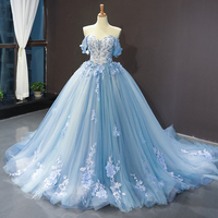 Nouvelle Robe de Bal Classique Princesse Épaules Dénudées avec Appliques en Dentelle et Petite Traîne, Taille Personnalisée, Robes de Quinceañera Bleues