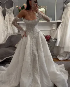 Sparkling Draped Neckline Zipper or Lace up of Back Pearls Sleeves Lace <strong>Basque</strong> Waist Wedding <strong>Dress</strong> - Product Image 5