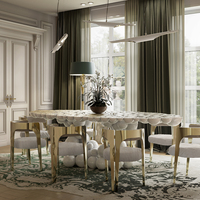 Meubles de salle à manger de luxe modernes pour hôtel, table à manger contemporaine avec sphères en aluminium, laque blanche et placage or