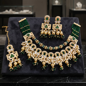 Ensemble de bijoux de mariée vintage en cuivre plaqué or de haute qualité avec cristaux, collier long Mala et boucles d'oreilles, certifié pour mariage et fête, vente en gros - Product Image 3