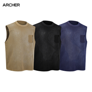 Débardeur gaufré vintage épais 325g pour homme, style streetwear hip-hop, effet vieilli, patchwork, poche, gilet - Product Image 2