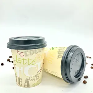 250ML 350ML 500ML Desechable Negro Café de una sola pared Impreso personalizado Bebida caliente Vasos de papel Kraft con tapa de plástico adecuada