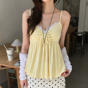 เสื้อครอปแต่งระบายสีลูกไม้ ทรงเอไลน์ เอวสูง สไตล์อเมริกัน หวาน เซ็กซี่ แคมิ ทีเชิ้ตอเนกประสงค์ลำลอง - Product Image 4