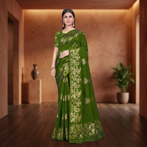 Fancy Silk Green <b>Saree</b> Latest Design <b>Saree</b> Green And <b>Golden</b> Pallu Silk <b>Saree</b> For Wedding And Festival Wear Women - Product Image 4