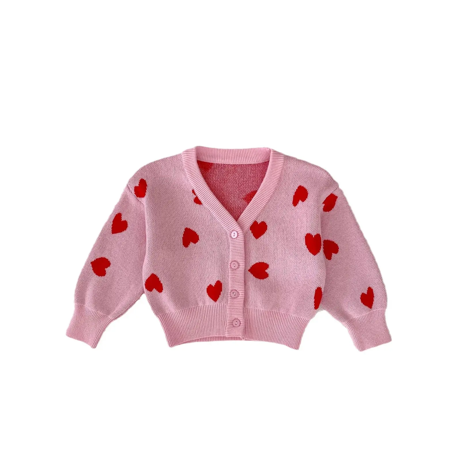 2024 वसंत की बेबी लड़कियों v-गर्दन वाला स्वेटर कोट गुलाबी दिल शैली के बच्चे कार्डिगन प्यारा स्वेटर