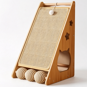 Planche à gratter multifonction en bois personnalisée OEM pour chat avec rampe en sisal, balles roulantes et jouet suspendu pour animaux de compagnie – Vente en gros - Product Image 4