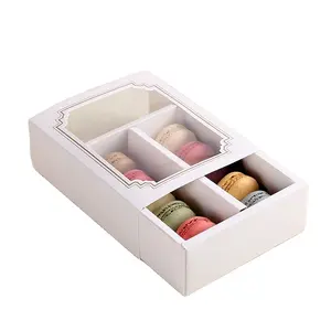 Eco Friendly Biodegradable Box Sliding Open Macaron Box Transparent Macaron Egg Tart Dessert Kraft Carton White Food Candy Box