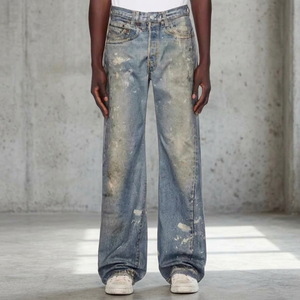 Jeans en denim baggy noir délavé moyen taille haute streetwear pour hommes et femmes, personnalisable - Product Image 2