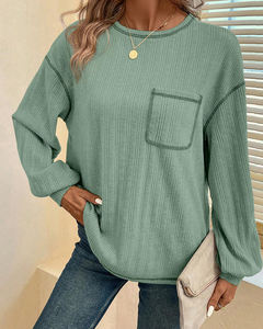 T-shirts à manches longues pour femmes, col rond, couleur unie, respirants, fabriqués directement en usine, mode automne-hiver, hauts décontractés avec poche - Product Image 6