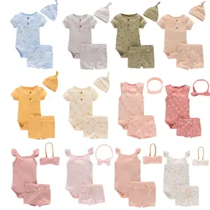 2023 OA 30 Hari 100% Katun Bayi Romper Pakaian Bayi Set Bayi Anak Perempuan Lengan Pendek Romper Set Pakaian 3 Dalam 1 Set