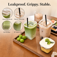 Gobelets carrés jetables en PET transparent de 93 mm, 12/14/16/20/24 oz, personnalisables en gros, avec couvercles, pour bubble tea à emporter
