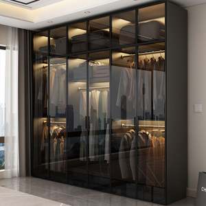 Factory Wholesale Manufacture Modern Black Glass Door <b>Wardrobe</b> <b>with</b> LED Lighting | Luxury Built-in Bedroom Closet System - Product Image 1